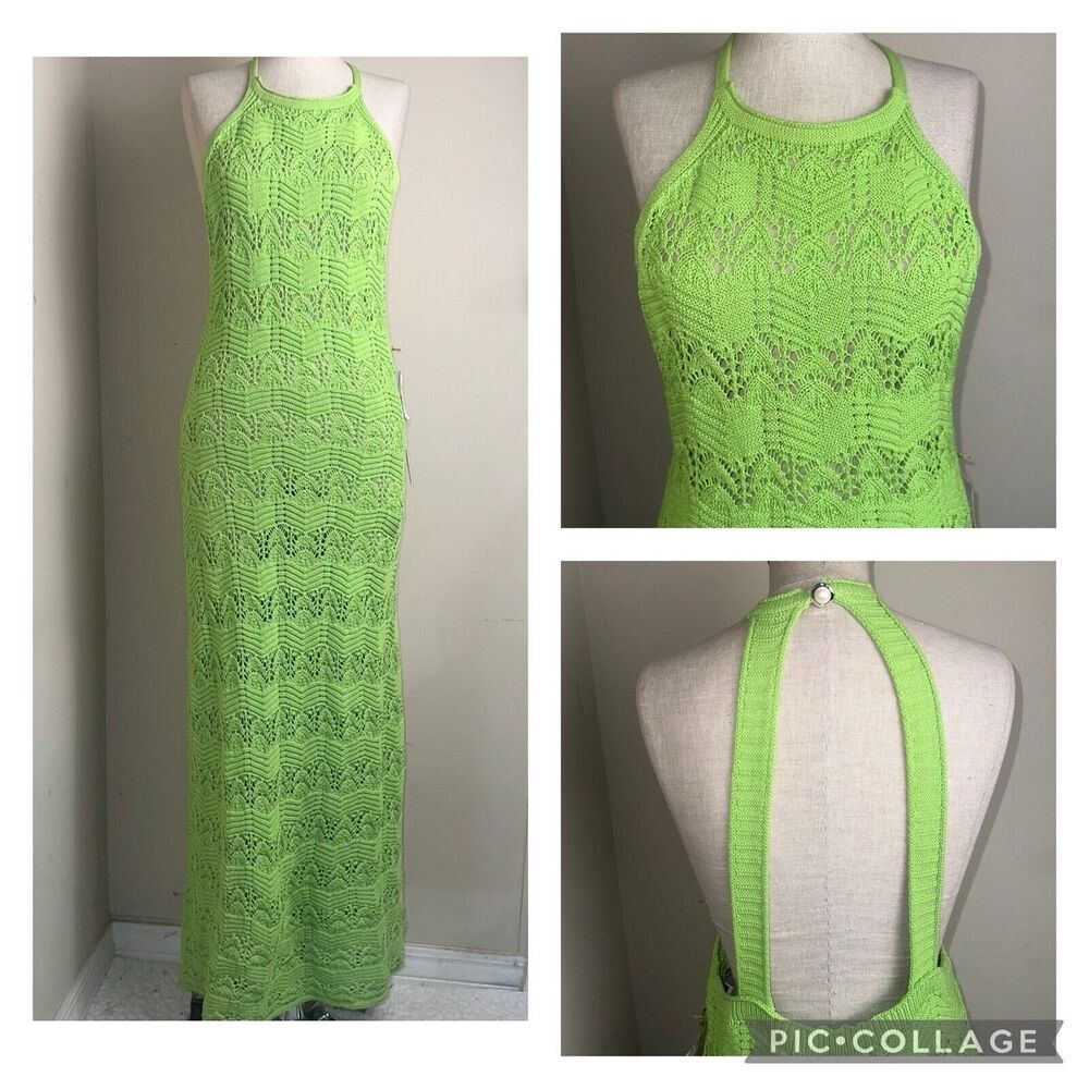 NWT House of Harlow 1960 Jade Lime Crochet Halter Maxi Knit Dress Size Medium
